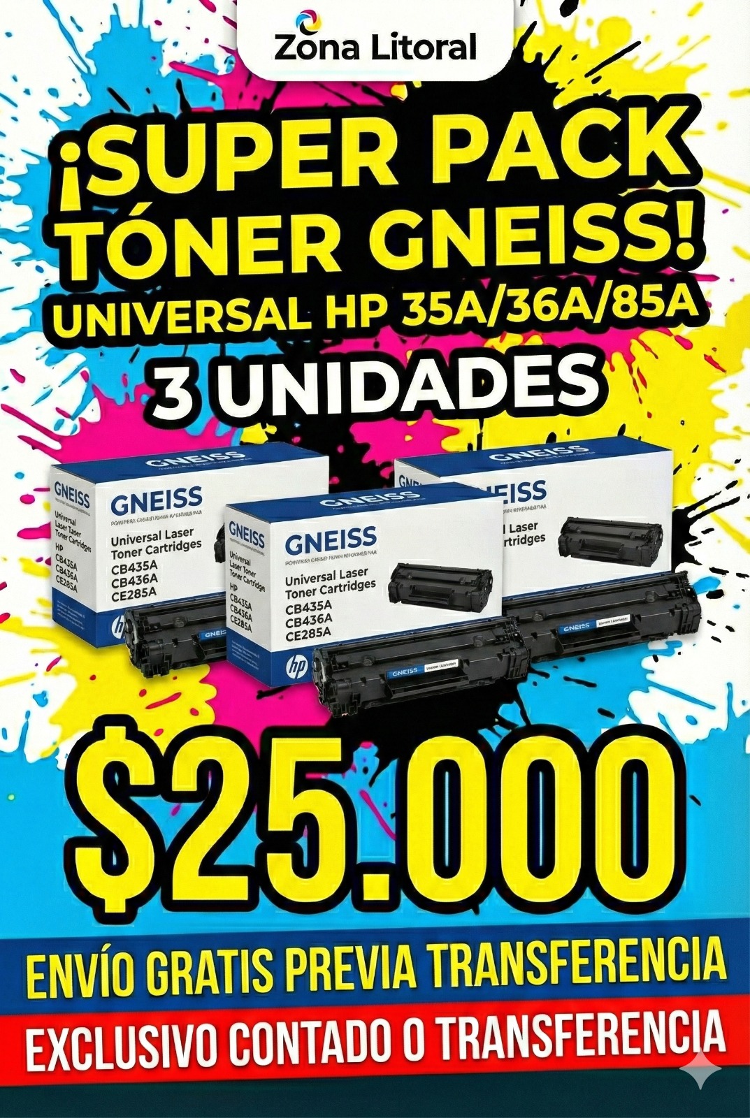 COMBO TONER X3 UNIDADES Alt HP GNEISS UNIVERSAL 35/36/85A